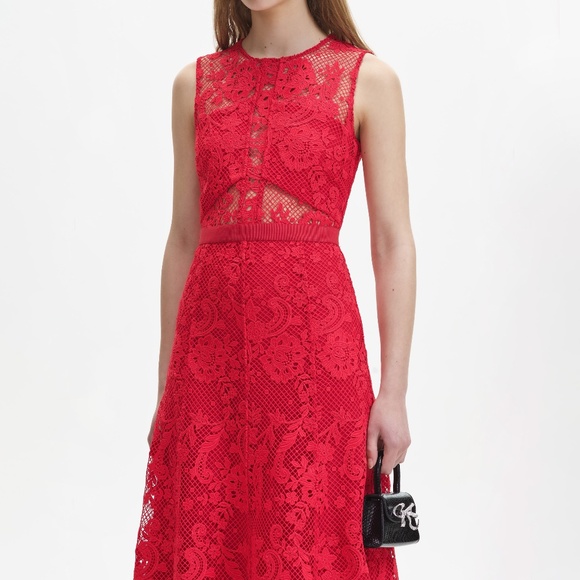 SELF-PORTRAIT Red Floral Lace High Neck Midi Dress Party Holidays Coquette 8 - Picture 6 of 16